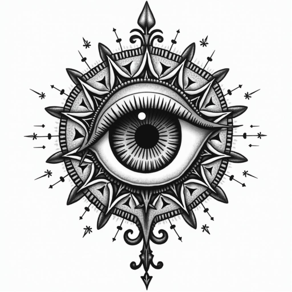 Enriquein prophecy tattoo style, featuring mystical symbols, celestial imagery like stars, moons, suns, geometric patterns, foretelling elements, an eye of wisdom - Variation 2
