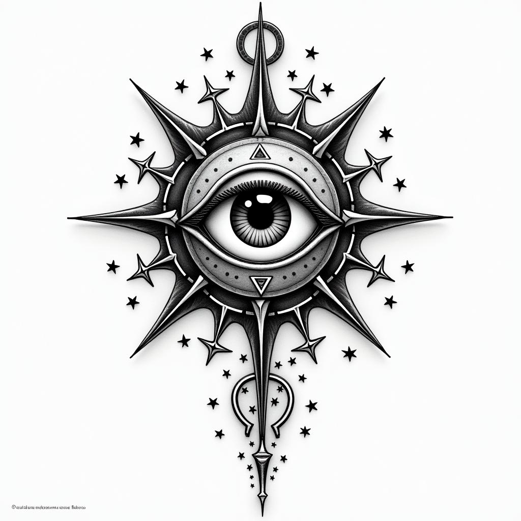 Enriquein prophecy tattoo style, featuring mystical symbols, celestial imagery like stars, moons, suns, geometric patterns, foretelling elements, an eye of wisdom