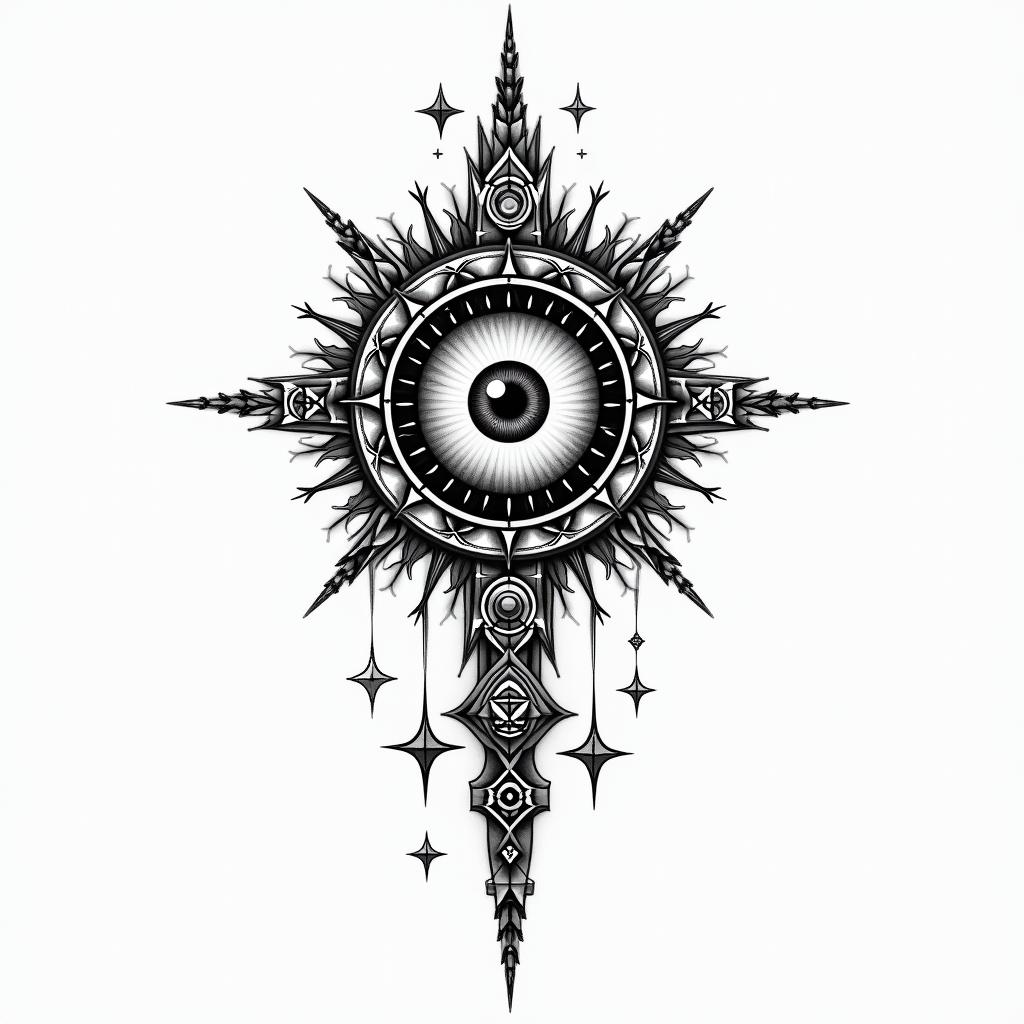 Enriquein prophecy tattoo style, featuring mystical symbols, celestial imagery like stars, moons, suns, geometric patterns, foretelling elements, an eye of wisdom - Variation 3