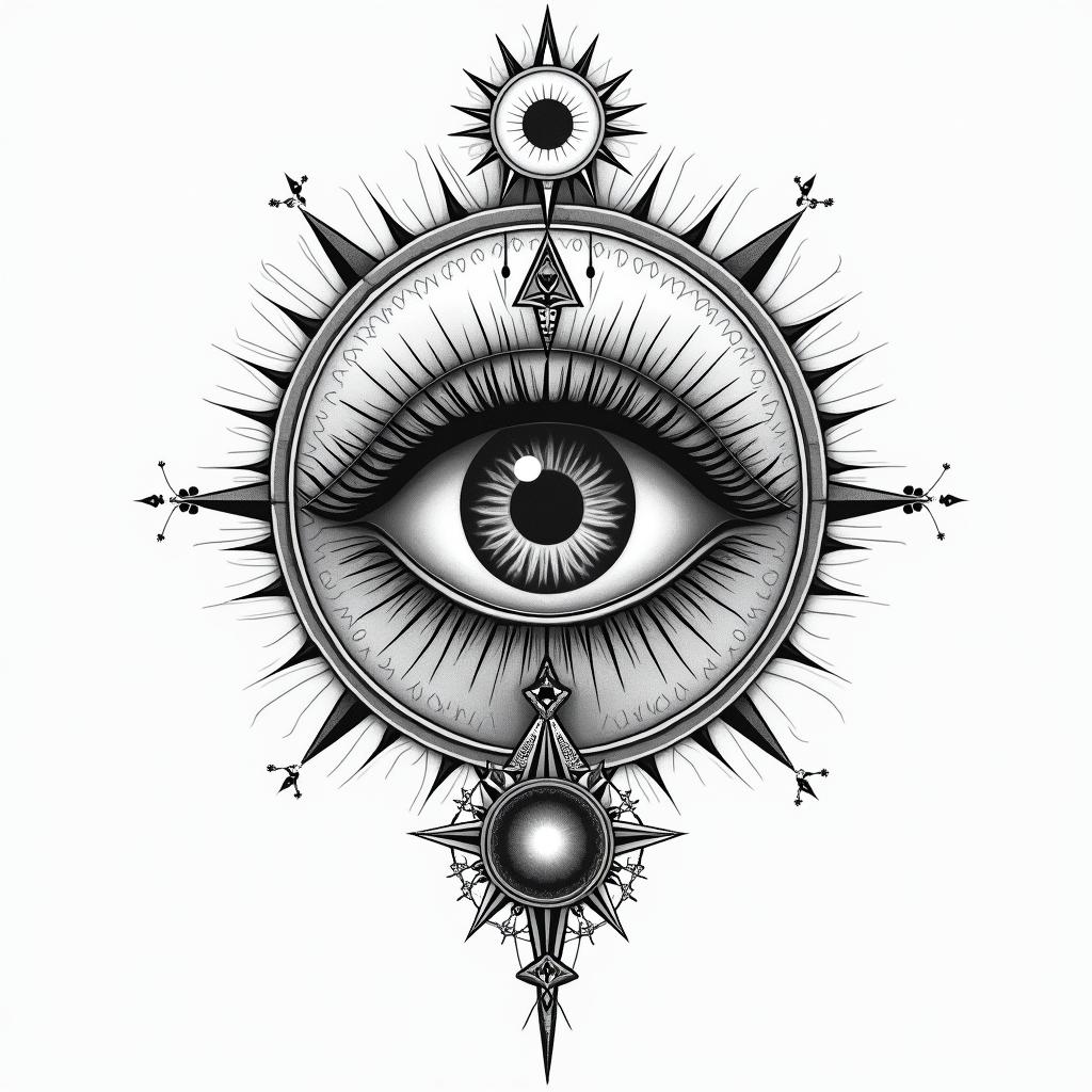 Enriquein prophecy tattoo style, featuring mystical symbols, celestial imagery like stars, moons, suns, geometric patterns, foretelling elements, an eye of wisdom - Variation 4