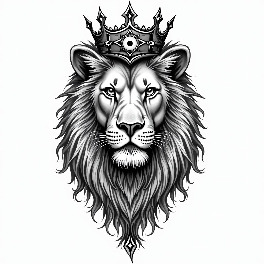 Lioness with crown on headin prophecy tattoo style, featuring mystical symbols, celestial imagery like stars, moons, suns, geometric patterns, foretelling elements, an eye of wisdom - Variation 7