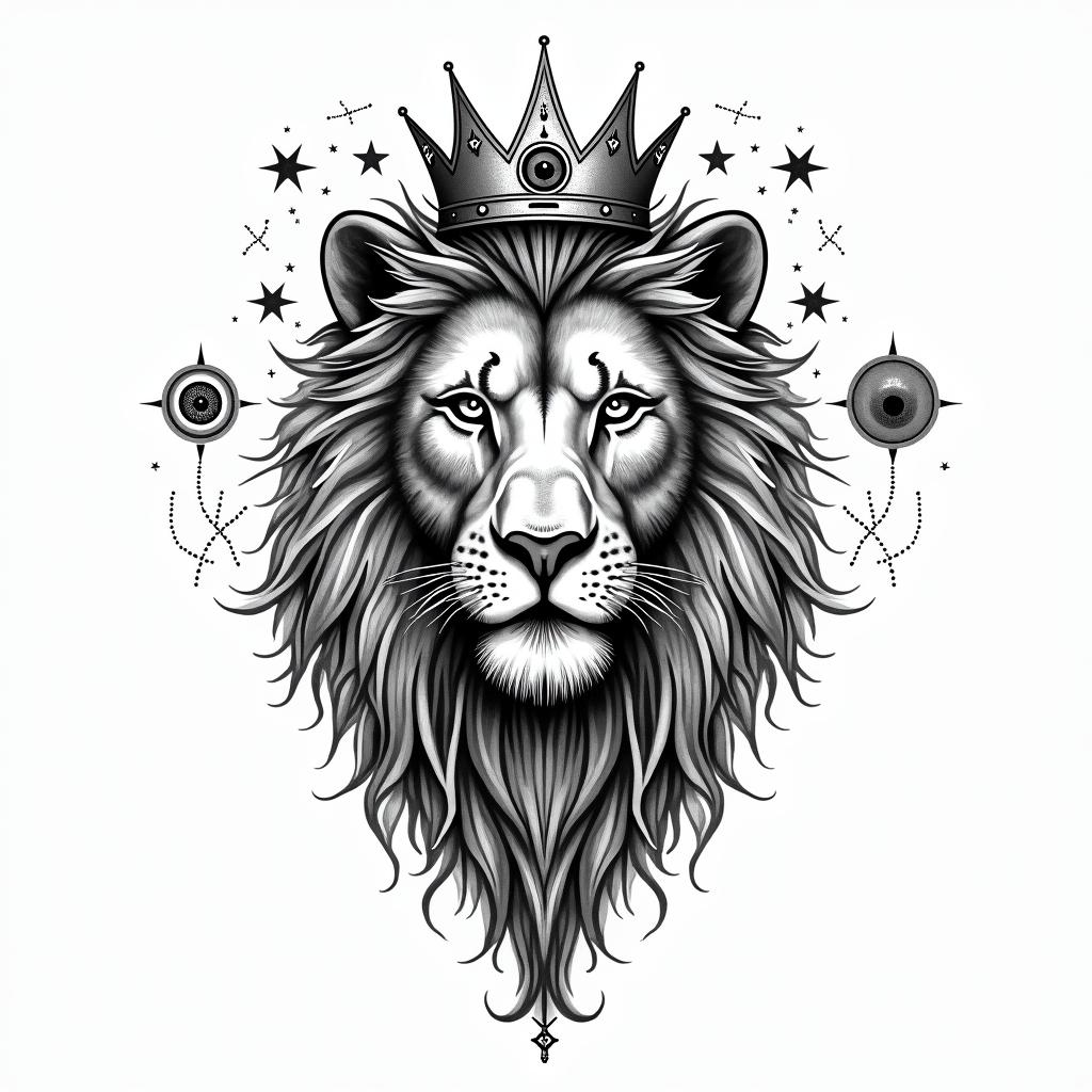Lioness with crown on headin prophecy tattoo style, featuring mystical symbols, celestial imagery like stars, moons, suns, geometric patterns, foretelling elements, an eye of wisdom - Variation 6