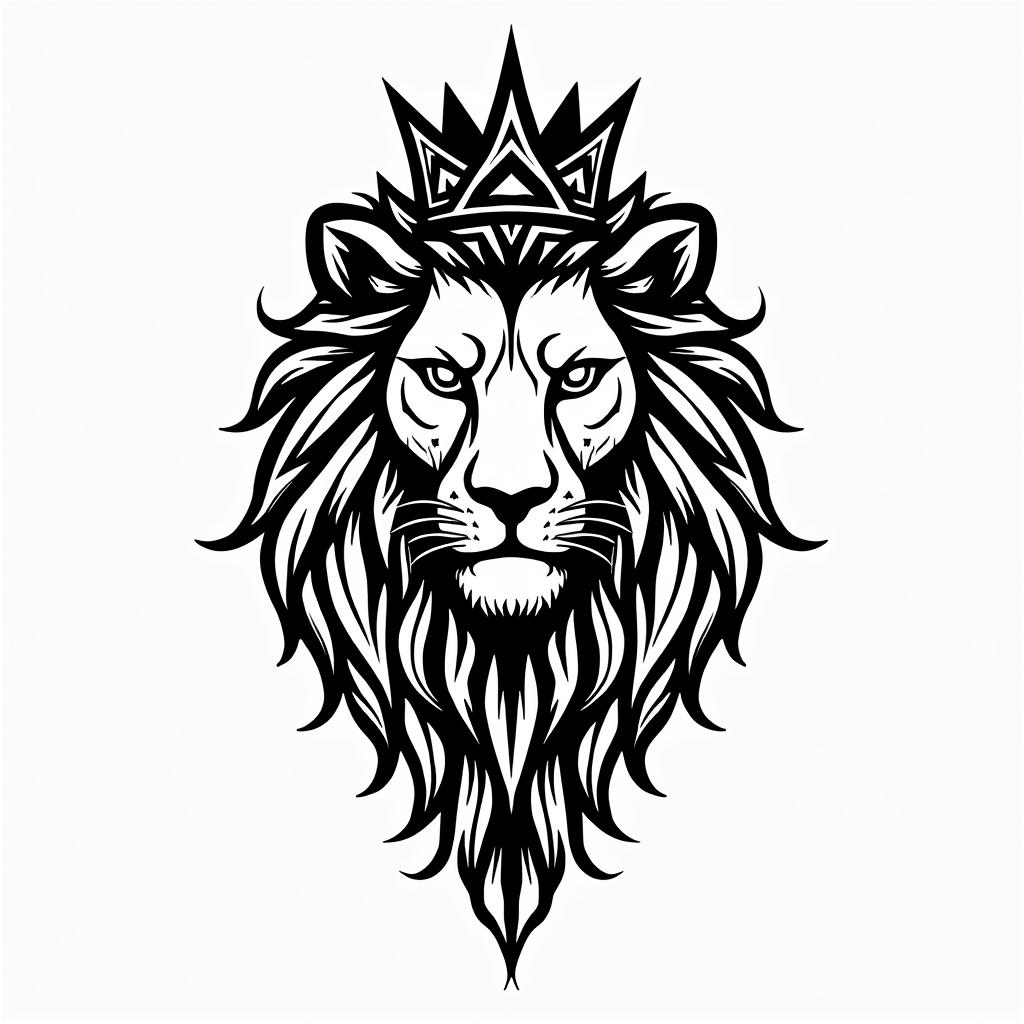 Lioness with crown on headin tribal tattoo style, featuring bold and black geometric shapes, curved lines, intertwine and flow seamlessly, creating a powerful and symbolic design, polynesian and maori styles - Variation 7