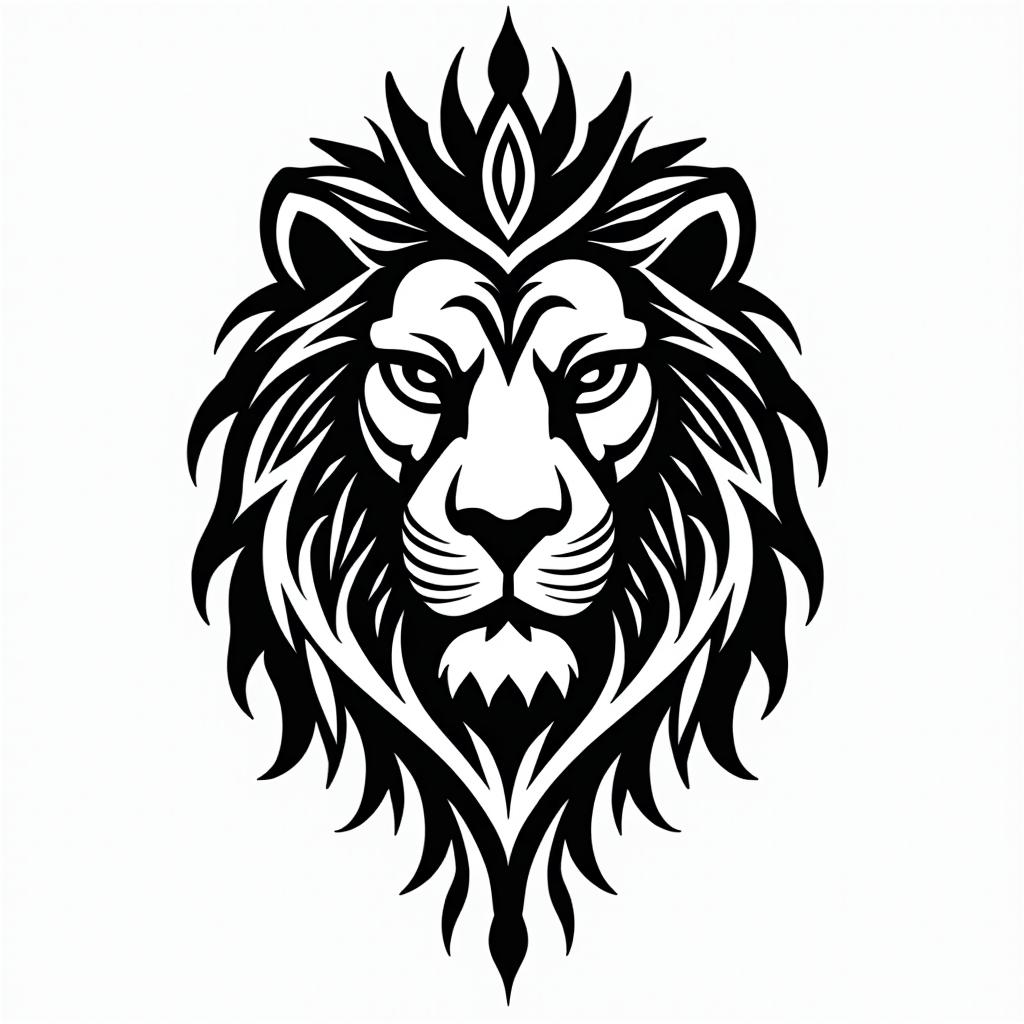 Lioness with crown on headin tribal tattoo style, featuring bold and black geometric shapes, curved lines, intertwine and flow seamlessly, creating a powerful and symbolic design, polynesian and maori styles - Variation 6