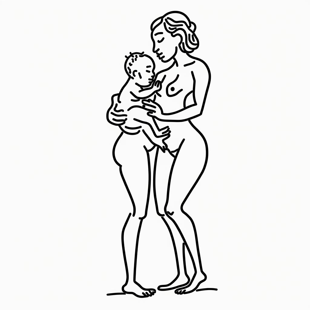 Mother breastfeeding her baby.abstract dancing figures in Keith Haring style, featuring bold black outlines and solid color fills, figures posed in dynamic and playful dance movements, minimalist design - Variation 3