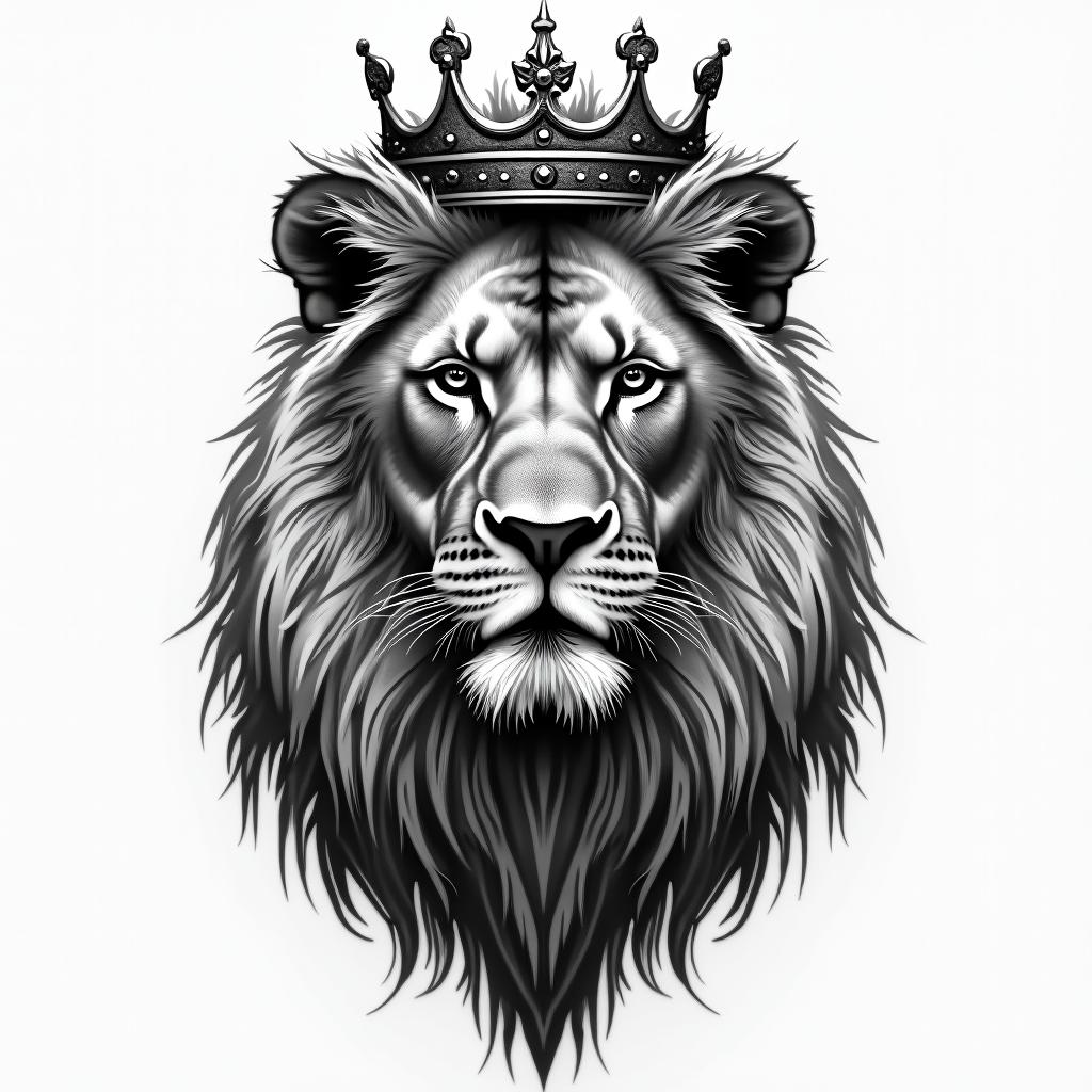 Lioness with crown on headin portrait tattoo style, featuring a highly realistic and detailed depiction  - Variation 3