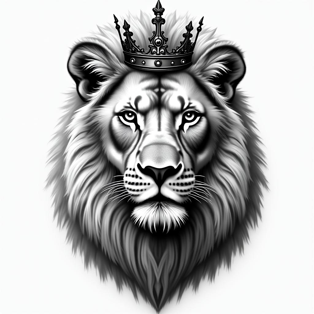 Lioness with crown on headin portrait tattoo style, featuring a highly realistic and detailed depiction  - Variation 2