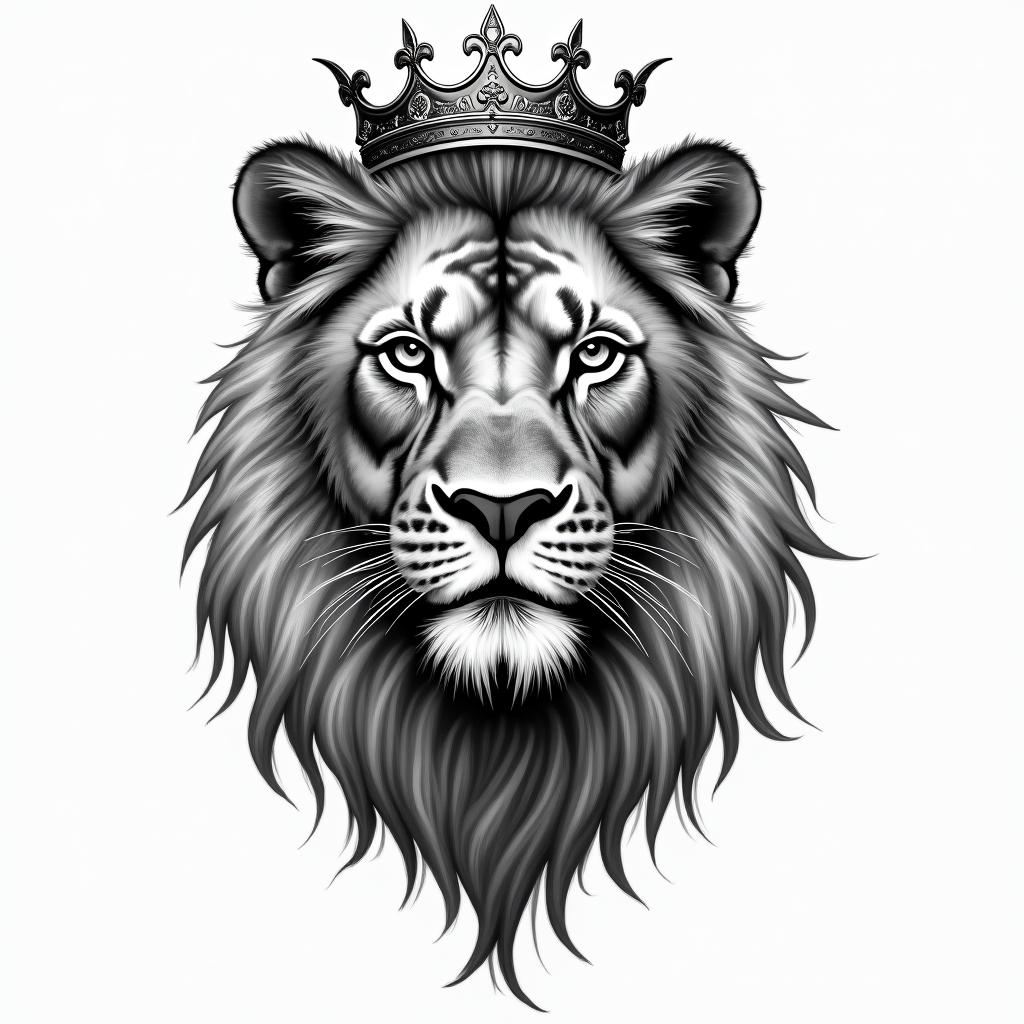 Lioness with crown on headin portrait tattoo style, featuring a highly realistic and detailed depiction  - Variation 4
