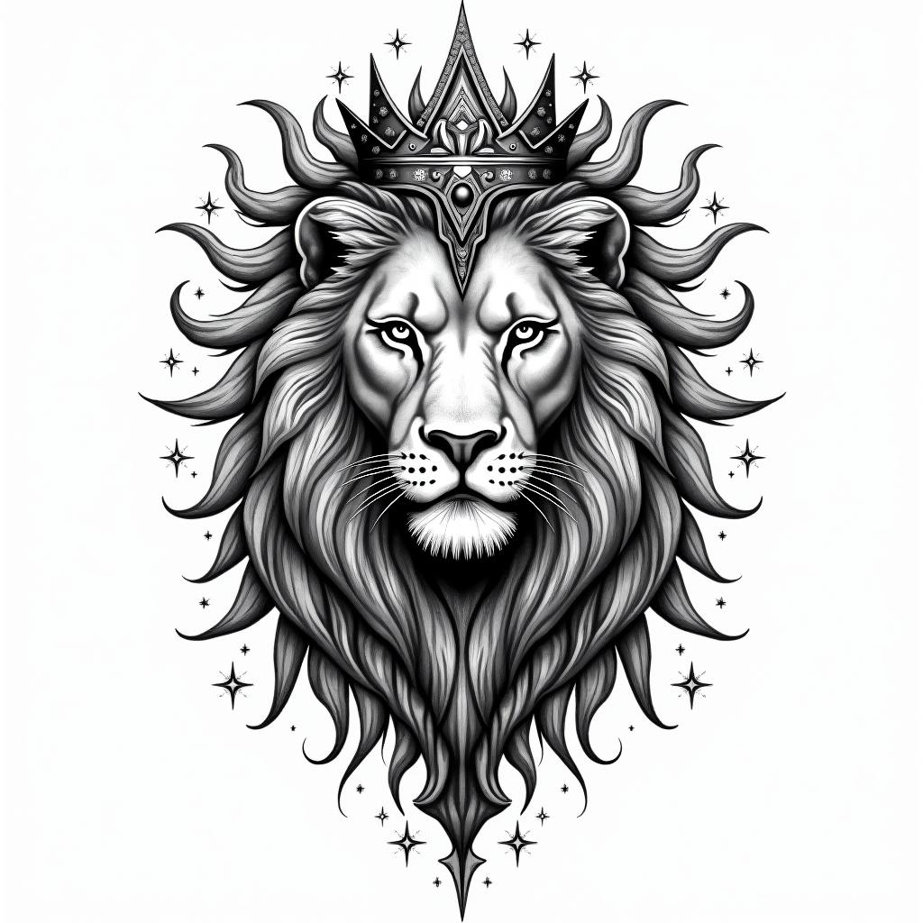 Lioness with crown on headin prophecy tattoo style, featuring mystical symbols, celestial imagery like stars, moons, suns, geometric patterns, foretelling elements, an eye of wisdom - Variation 4