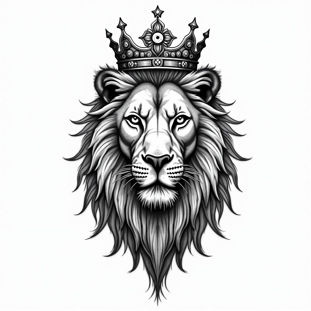 Lioness with crown on headin prophecy tattoo style, featuring mystical symbols, celestial imagery like stars, moons, suns, geometric patterns, foretelling elements, an eye of wisdom