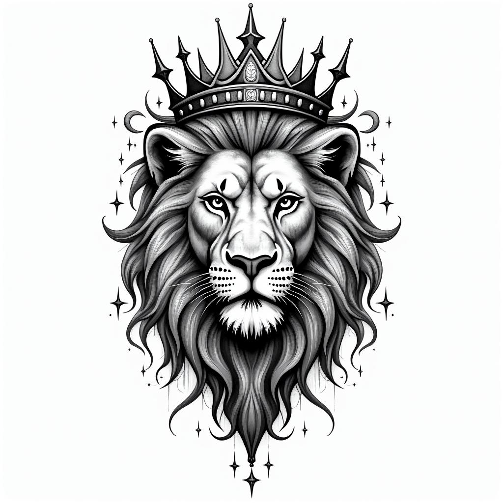 Lioness with crown on headin prophecy tattoo style, featuring mystical symbols, celestial imagery like stars, moons, suns, geometric patterns, foretelling elements, an eye of wisdom - Variation 3