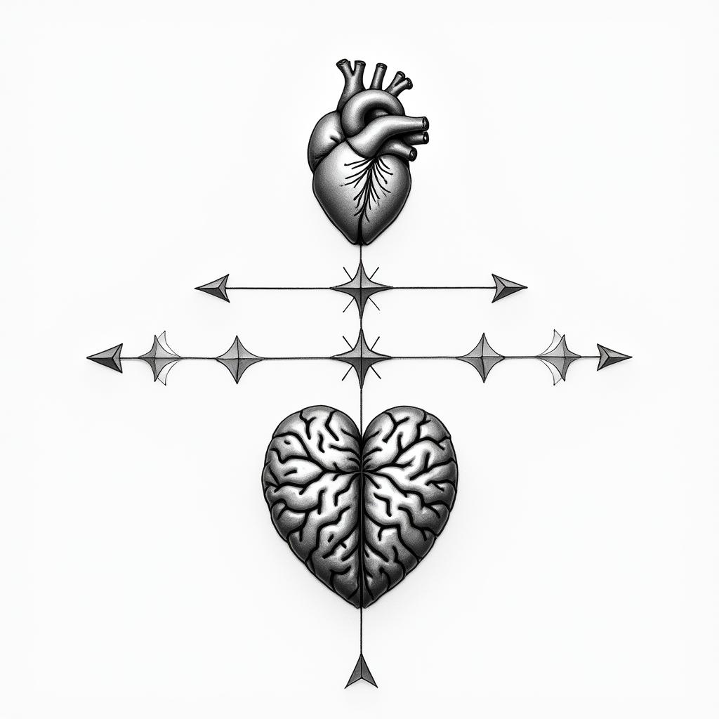 Balanced heart and brainin minimalist style tattoo, featuring simple shapes and fine lines, with minimal shading and details, tiny triangles, creating a sense of balance and harmony - Variation 5