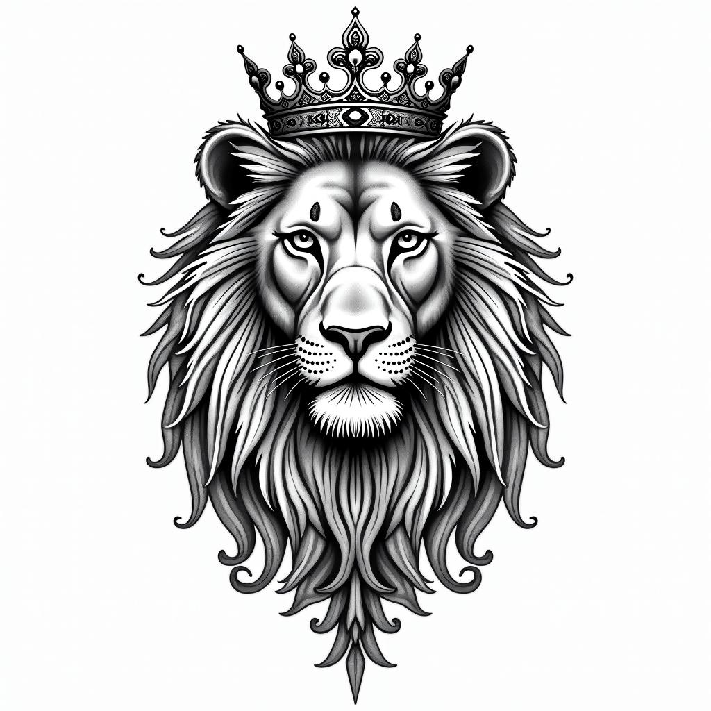 Lioness with crown on headin ornamental tattoo style, featuring intricate symmetrical patterns and floral designs, showcasing highly detailed line work and geometric shapes, creating a sense of elegance and balance - Variation 3