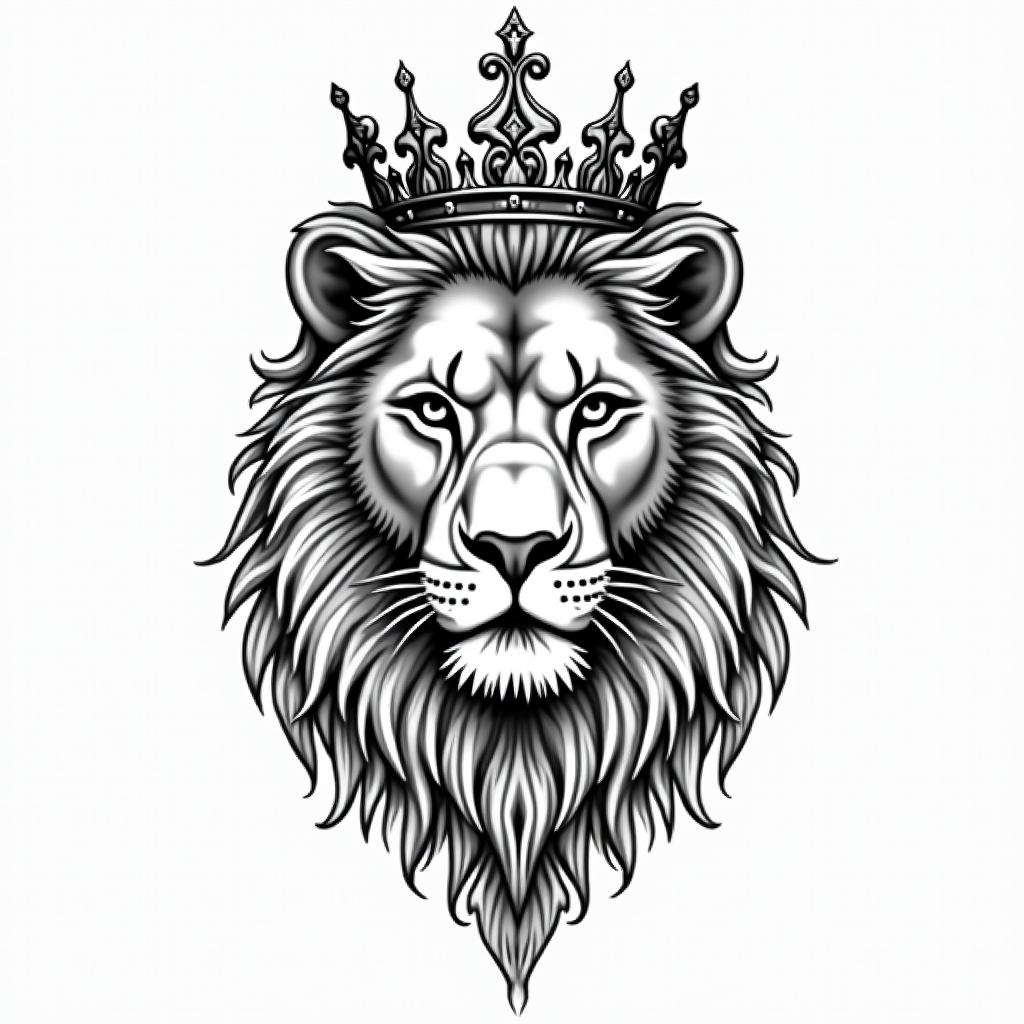 Lioness with crown on headin ornamental tattoo style, featuring intricate symmetrical patterns and floral designs, showcasing highly detailed line work and geometric shapes, creating a sense of elegance and balance - Variation 2
