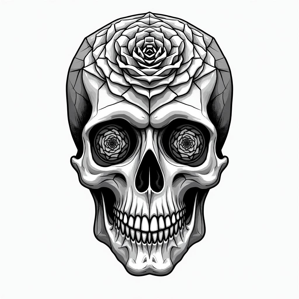 Eye rose skull love in geometric style tattoo, blending hexagons, mandala-inspired patterns, symmetrical and fractal design, clean lines, sharp angles