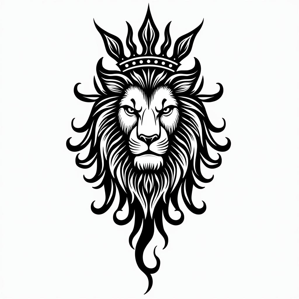 Lioness with crown on headin tribal tattoo style, featuring bold and black geometric shapes, curved lines, intertwine and flow seamlessly, creating a powerful and symbolic design, polynesian and maori styles