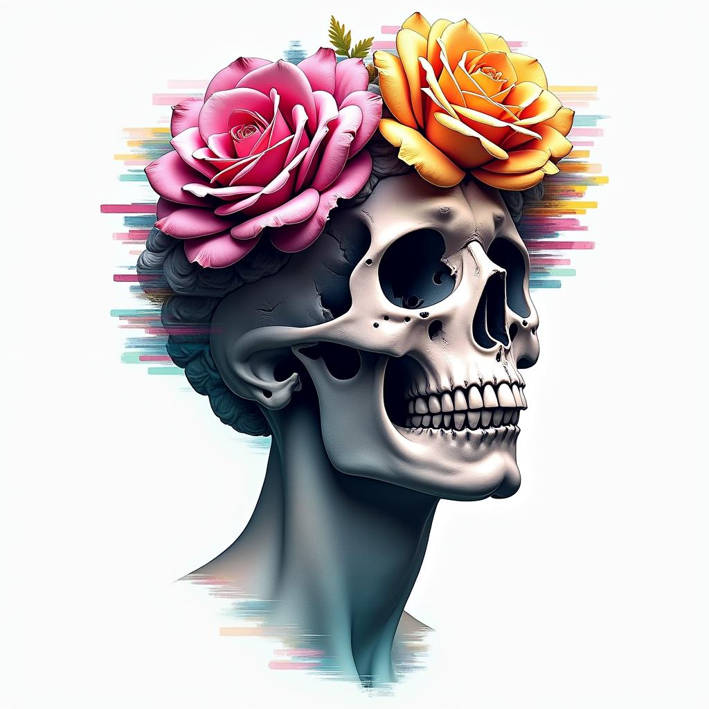 Eye rose skull lovein distorted and fragmented tattoo design, featuring a classical statue bust, in a glitch art style with vibrant, overlapping colors of cyan, magenta, and yellow, creating a digital distortion effect - Variation 3