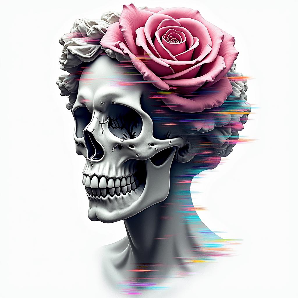 Eye rose skull lovein distorted and fragmented tattoo design, featuring a classical statue bust, in a glitch art style with vibrant, overlapping colors of cyan, magenta, and yellow, creating a digital distortion effect