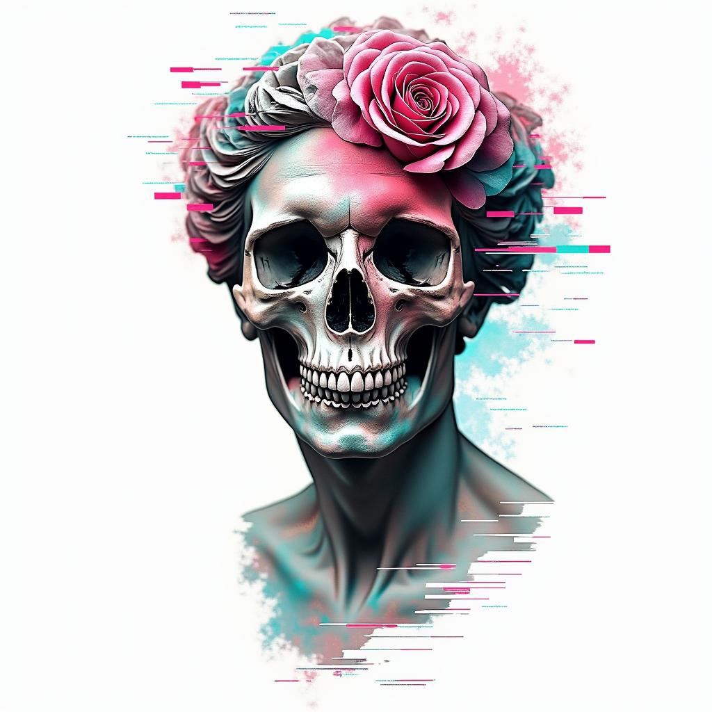 Eye rose skull lovein distorted and fragmented tattoo design, featuring a classical statue bust, in a glitch art style with vibrant, overlapping colors of cyan, magenta, and yellow, creating a digital distortion effect - Variation 2