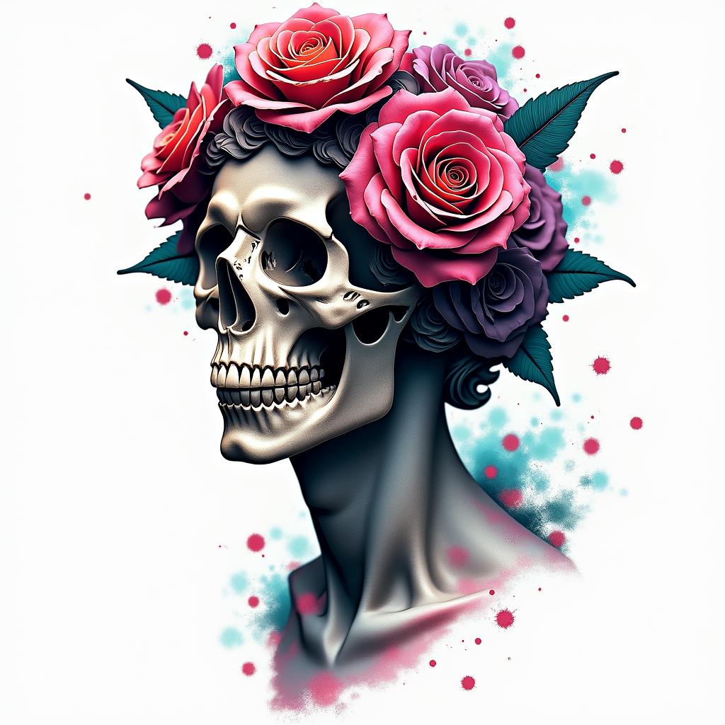 Eye rose skull lovein distorted and fragmented tattoo design, featuring a classical statue bust, in a glitch art style with vibrant, overlapping colors of cyan, magenta, and yellow, creating a digital distortion effect - Variation 4
