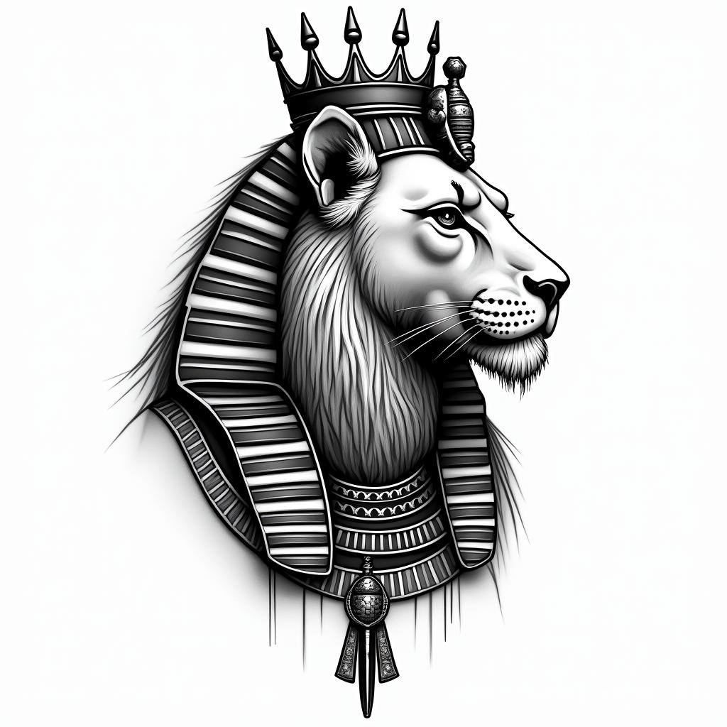 Lioness with crown on headin egyptian style tattoo, bold elements of ancient egyptian culture including a portrait of an Egyptian pharaoh with detailed facial features, in hieroglyphs and symbolic imagery, eye of horus, ankh symbol, scarab beetle - Variation 2