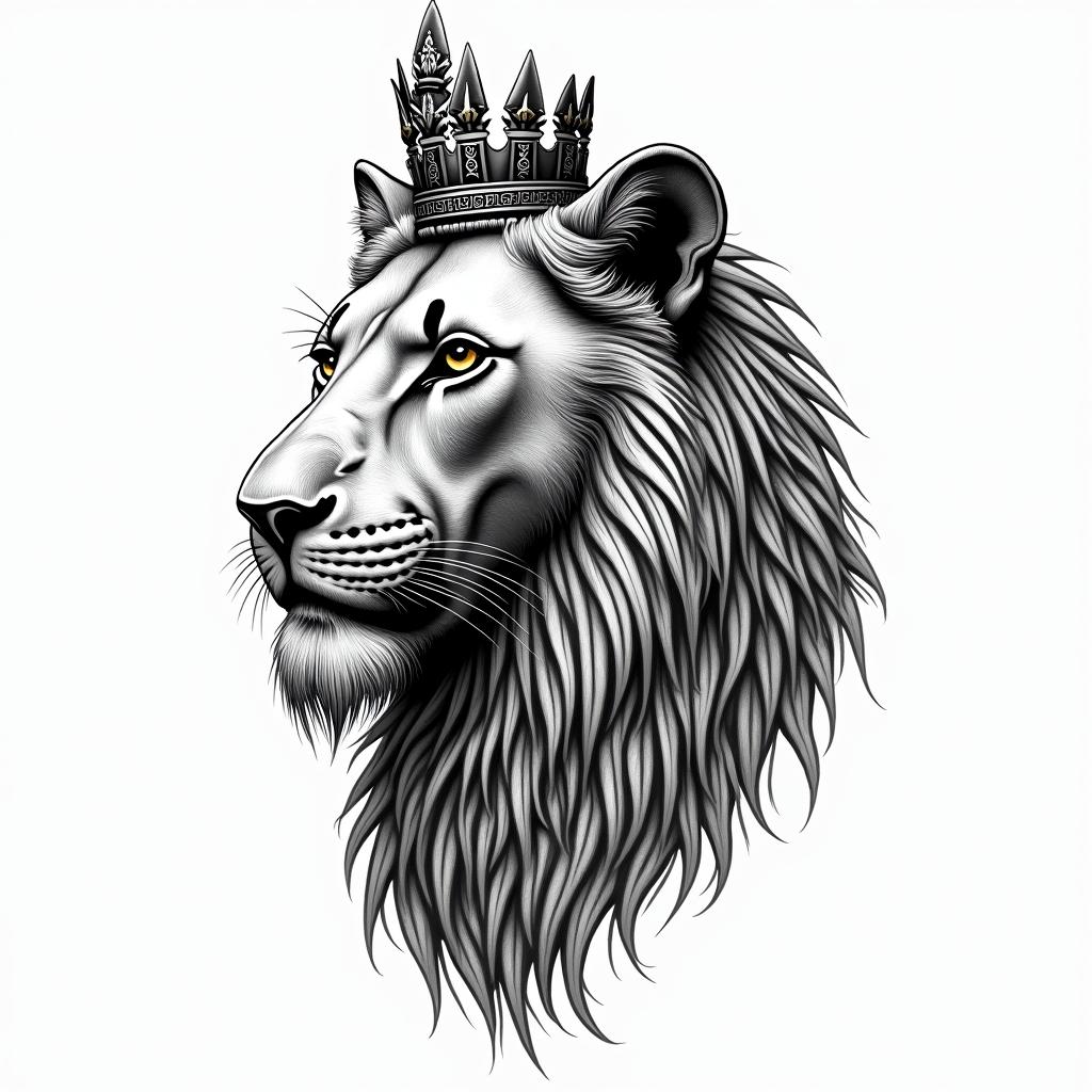 Lioness with crown on headin egyptian style tattoo, bold elements of ancient egyptian culture including a portrait of an Egyptian pharaoh with detailed facial features, in hieroglyphs and symbolic imagery, eye of horus, ankh symbol, scarab beetle - Variation 3