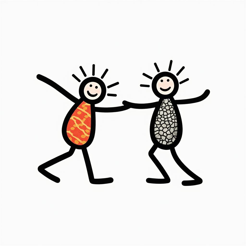 Smiling small sushiabstract dancing figures in Keith Haring style, featuring bold black outlines and solid color fills, figures posed in dynamic and playful dance movements, minimalist design - Variation 2