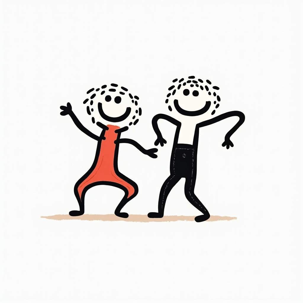 Smiling small sushiabstract dancing figures in Keith Haring style, featuring bold black outlines and solid color fills, figures posed in dynamic and playful dance movements, minimalist design - Variation 3