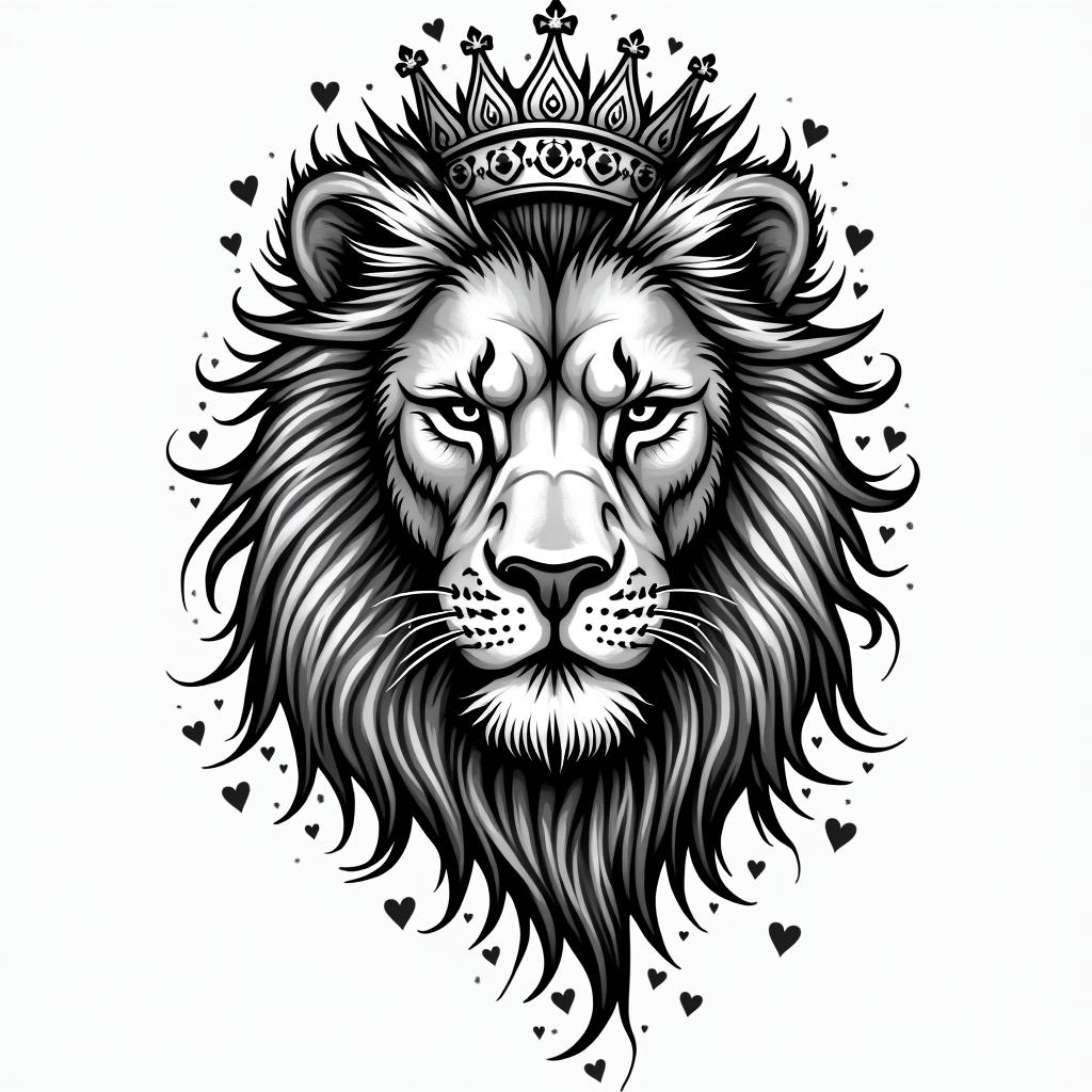 Lioness with crown on headin graffiti style tattoo, featuring bold and dynamic street art elements, spray-paint texture with exaggerated lines and expressive, chaotic brushstrokes, intricate lettering incorporated with graffiti tags, symbols like hearts, stars, and wings