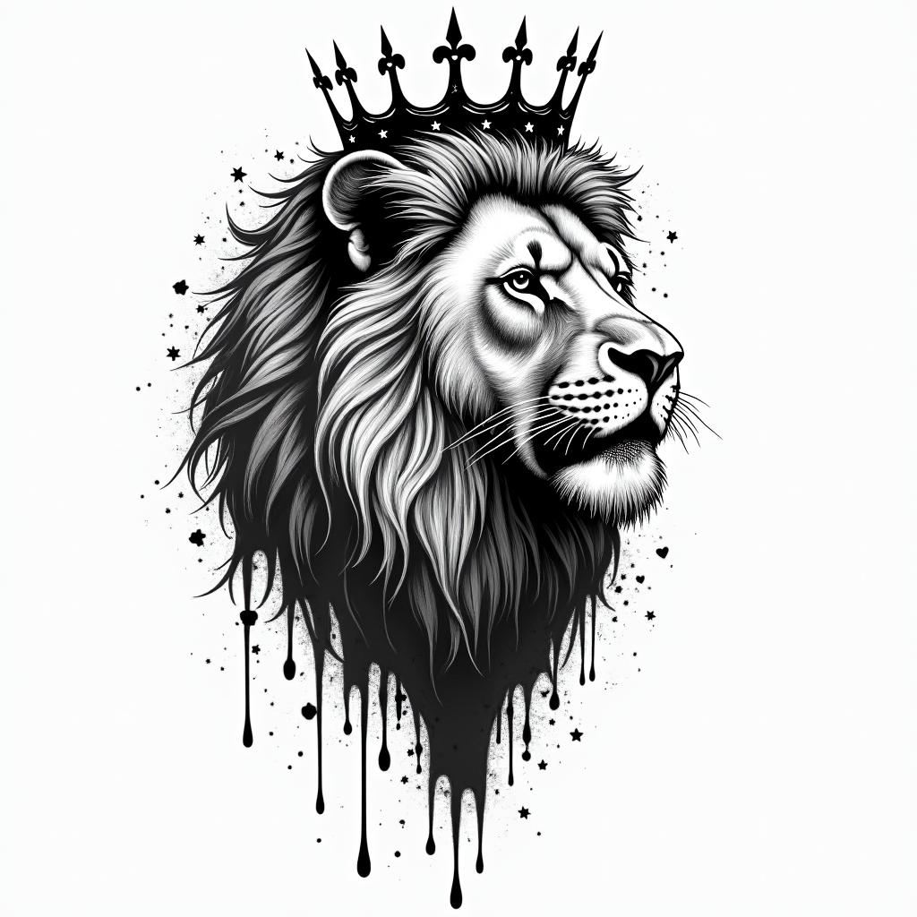 Lioness with crown on headin graffiti style tattoo, featuring bold and dynamic street art elements, spray-paint texture with exaggerated lines and expressive, chaotic brushstrokes, intricate lettering incorporated with graffiti tags, symbols like hearts, stars, and wings - Variation 2