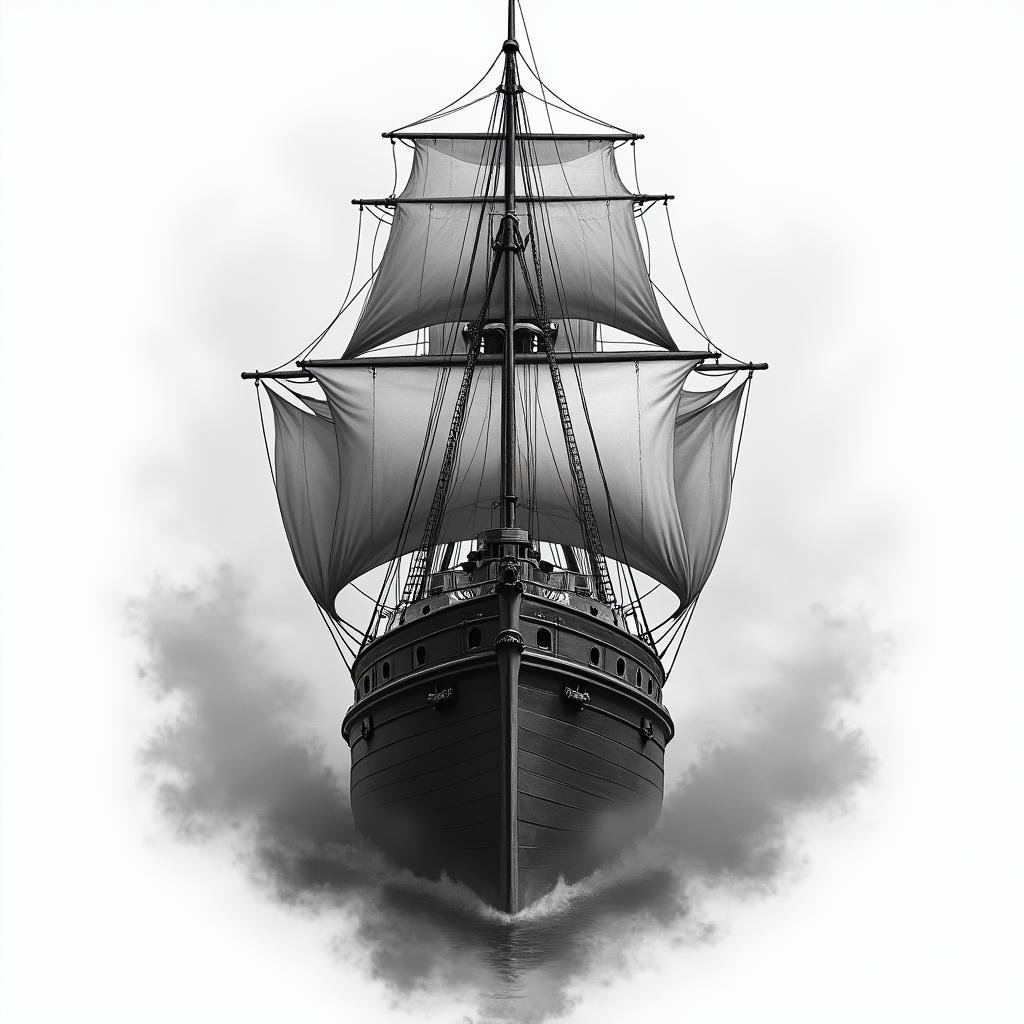 A front facing ship with a inky, misty surroundin realism tattoo style, featuring a highly detailed, lifelike, capturing every detail, photorealistic, ultra realistic, intricate shading, smooth and sharp, - Variation 3