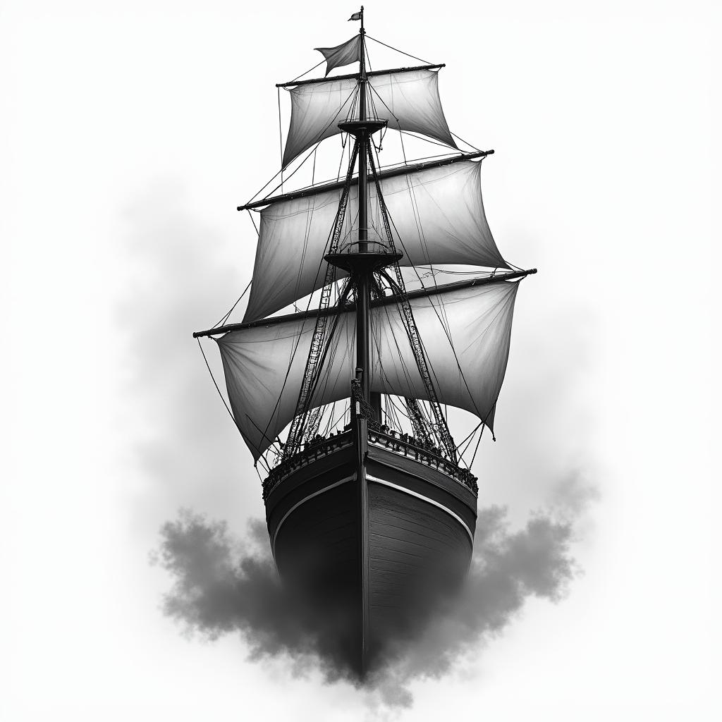 A front facing ship with a inky, misty surroundin realism tattoo style, featuring a highly detailed, lifelike, capturing every detail, photorealistic, ultra realistic, intricate shading, smooth and sharp, - Variation 4