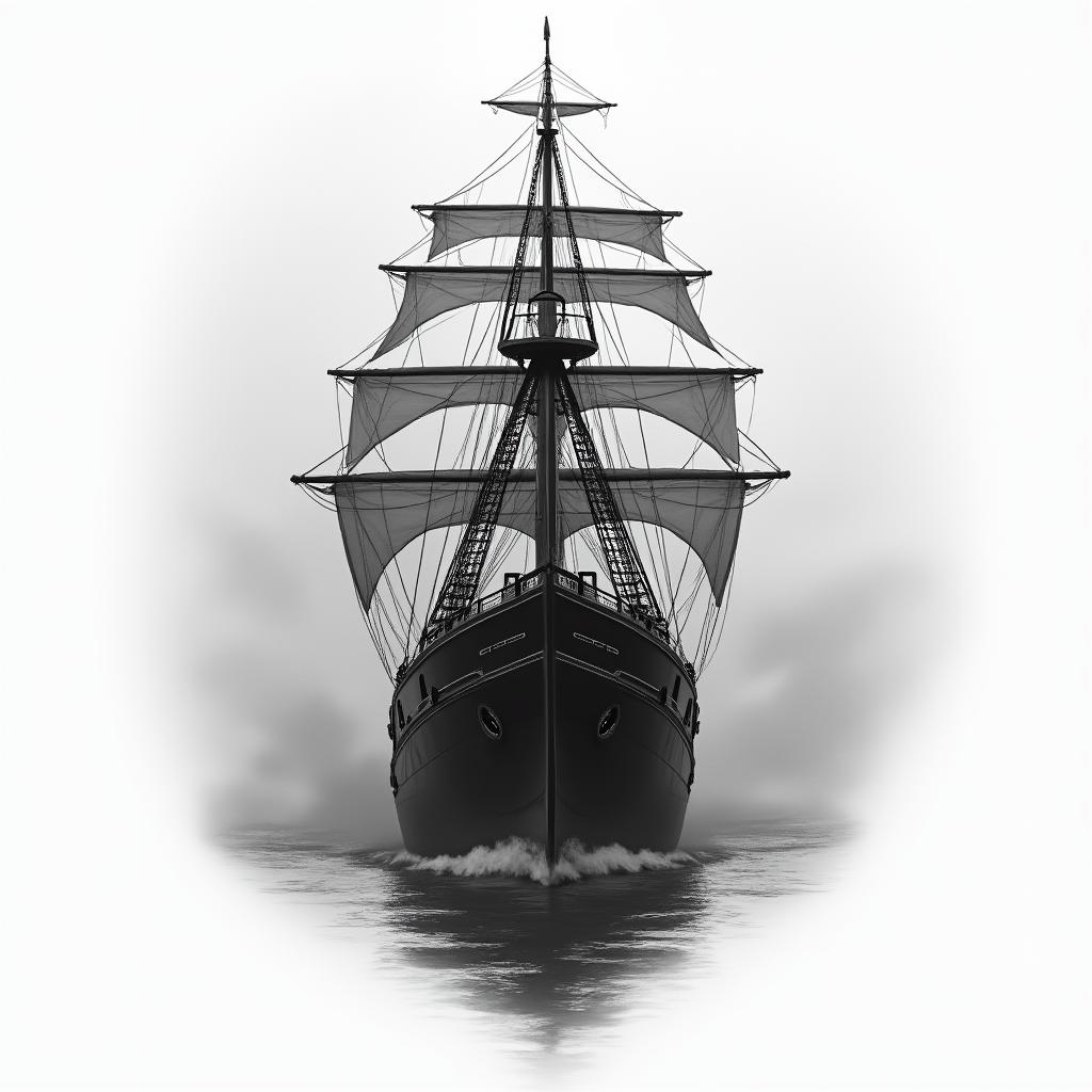 A front facing ship with a inky, misty surroundin realism tattoo style, featuring a highly detailed, lifelike, capturing every detail, photorealistic, ultra realistic, intricate shading, smooth and sharp,