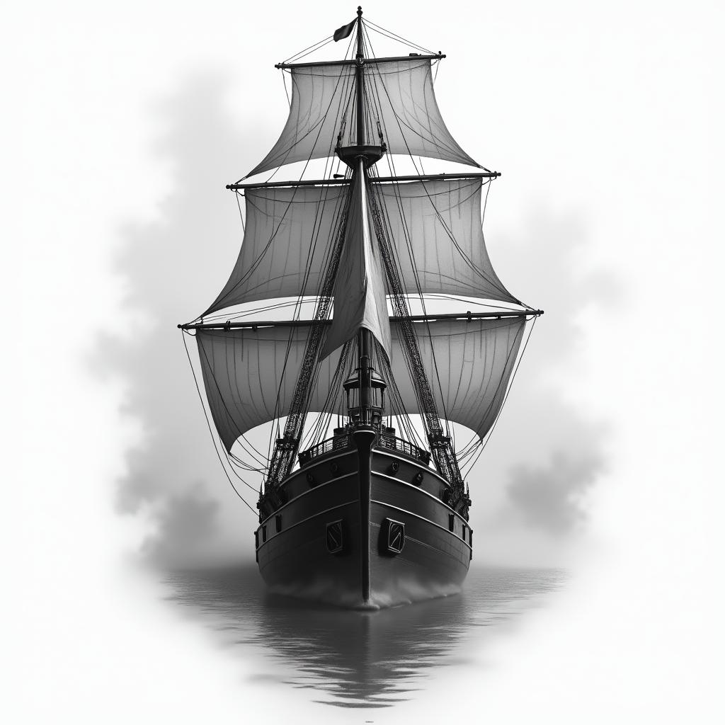 A front facing ship with a inky, misty surroundin realism tattoo style, featuring a highly detailed, lifelike, capturing every detail, photorealistic, ultra realistic, intricate shading, smooth and sharp, - Variation 2