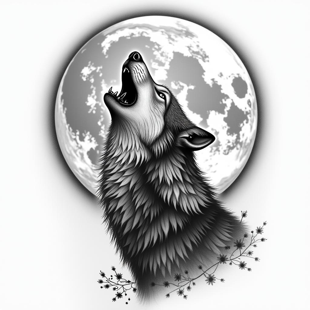 Howling wolf under a full moonhigly detailed tattoo - Variation 29