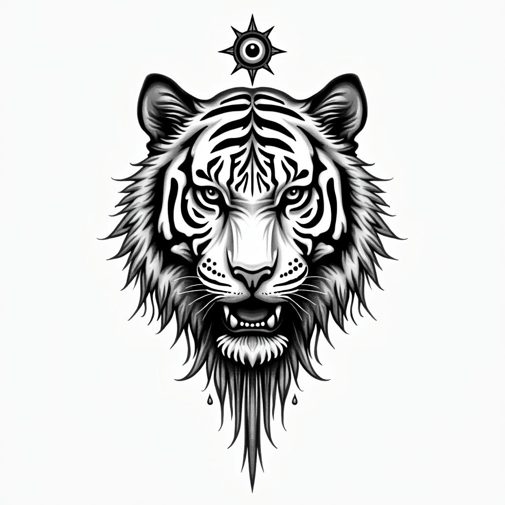 Tear of the tiger + zodiac sign cancerin spiritual symbols tattoo style, featuring an intricate design incorporating elements, Hamsa hand, third eye, minimalist composition