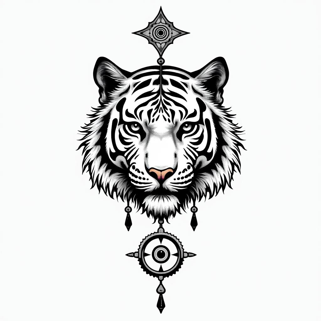 Tear of the tiger + zodiac sign cancerin spiritual symbols tattoo style, featuring an intricate design incorporating elements, Hamsa hand, third eye, minimalist composition - Variation 3