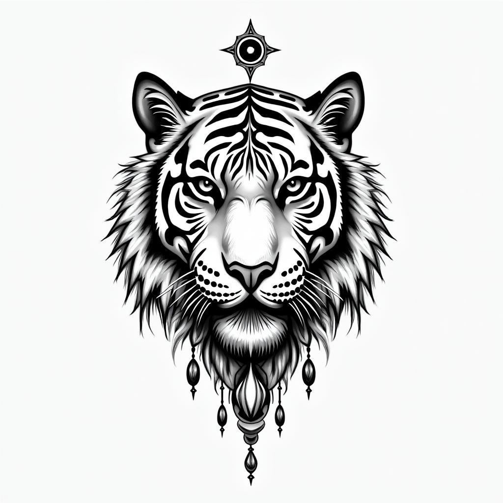 Tear of the tiger + zodiac sign cancerin spiritual symbols tattoo style, featuring an intricate design incorporating elements, Hamsa hand, third eye, minimalist composition - Variation 4
