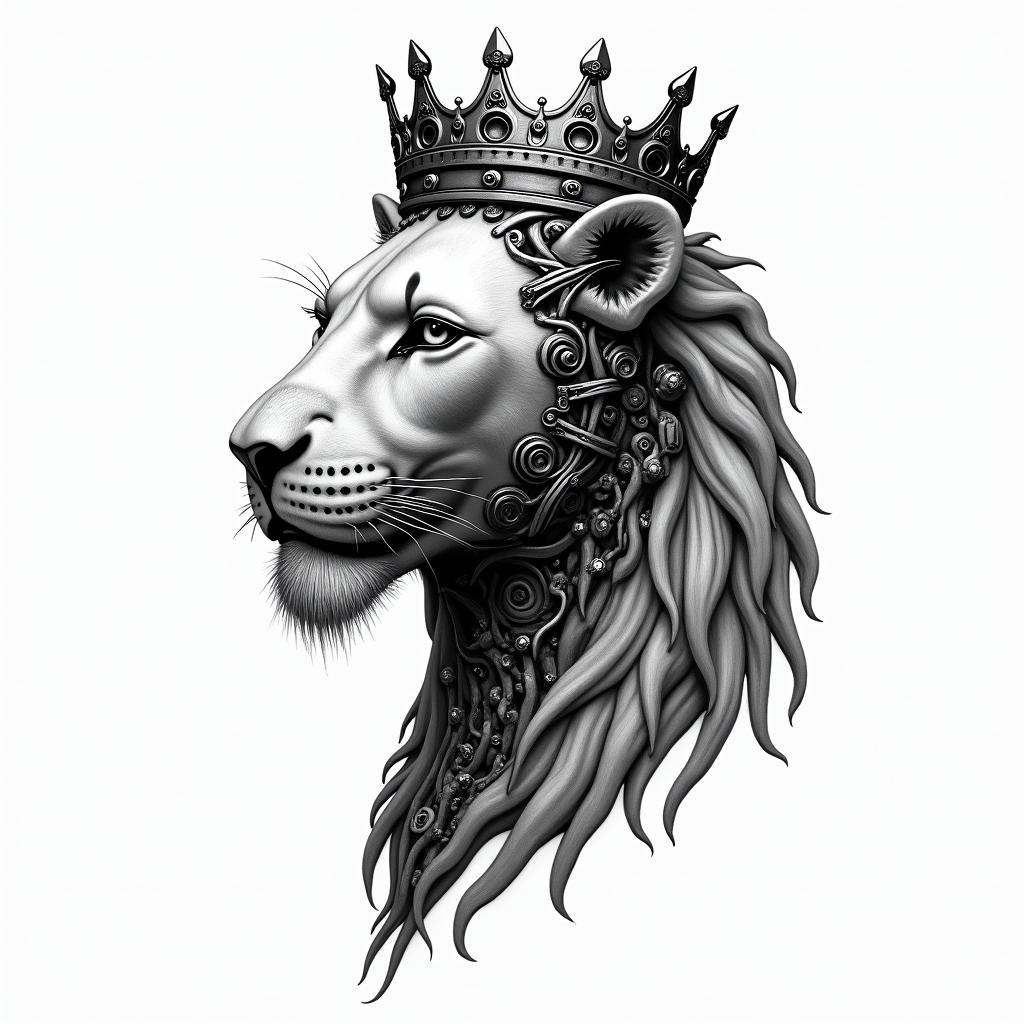 Lioness with crown on headtattoo in biomechanic style, the tattoo covered by robotic elements of futuristic cyberpunk design, robotic features detail, showcasing intricate mechanical components - Variation 2