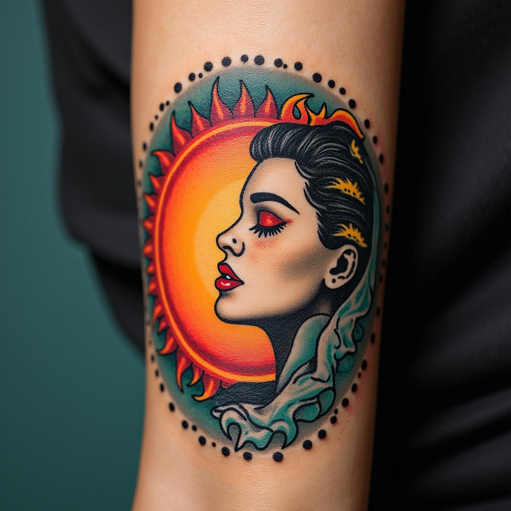 Sun and moon intertwined, shiningin pop art style tattoo, featuring bold and vibrant colors, exaggerated outlines, iconic imagery, inspired by comic books and speech bubbles, comic book characters, retro pop culture - Variation 4