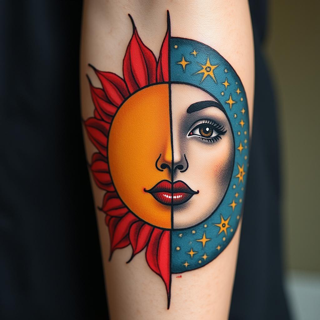 Sun and moon intertwined, shiningin pop art style tattoo, featuring bold and vibrant colors, exaggerated outlines, iconic imagery, inspired by comic books and speech bubbles, comic book characters, retro pop culture