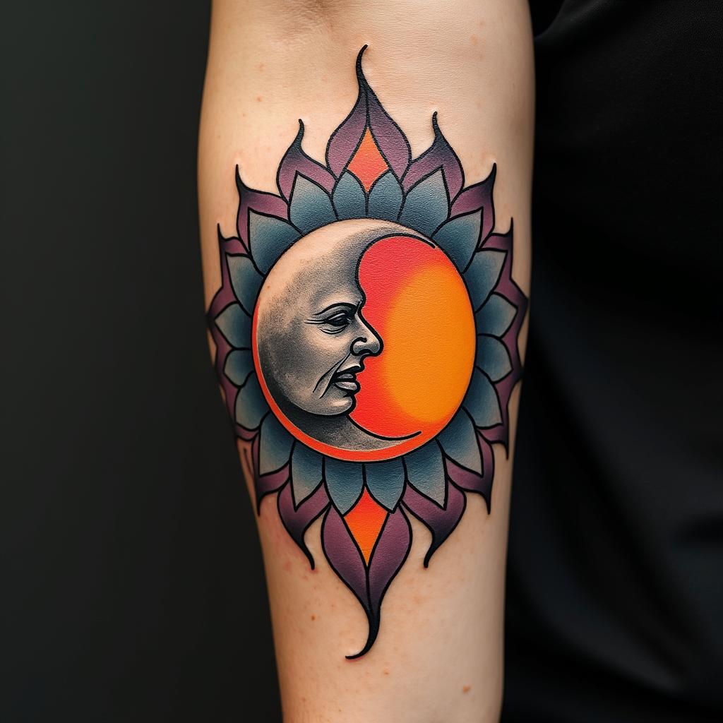 Sun and moon intertwined, shiningin pop art style tattoo, featuring bold and vibrant colors, exaggerated outlines, iconic imagery, inspired by comic books and speech bubbles, comic book characters, retro pop culture - Variation 3