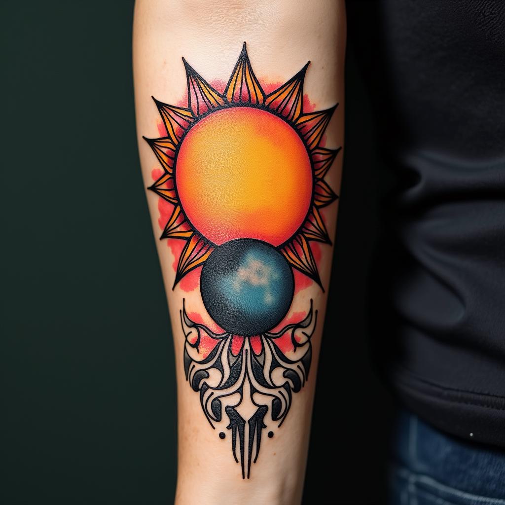 Sun and moon intertwined, shiningin pop art style tattoo, featuring bold and vibrant colors, exaggerated outlines, iconic imagery, inspired by comic books and speech bubbles, comic book characters, retro pop culture - Variation 2