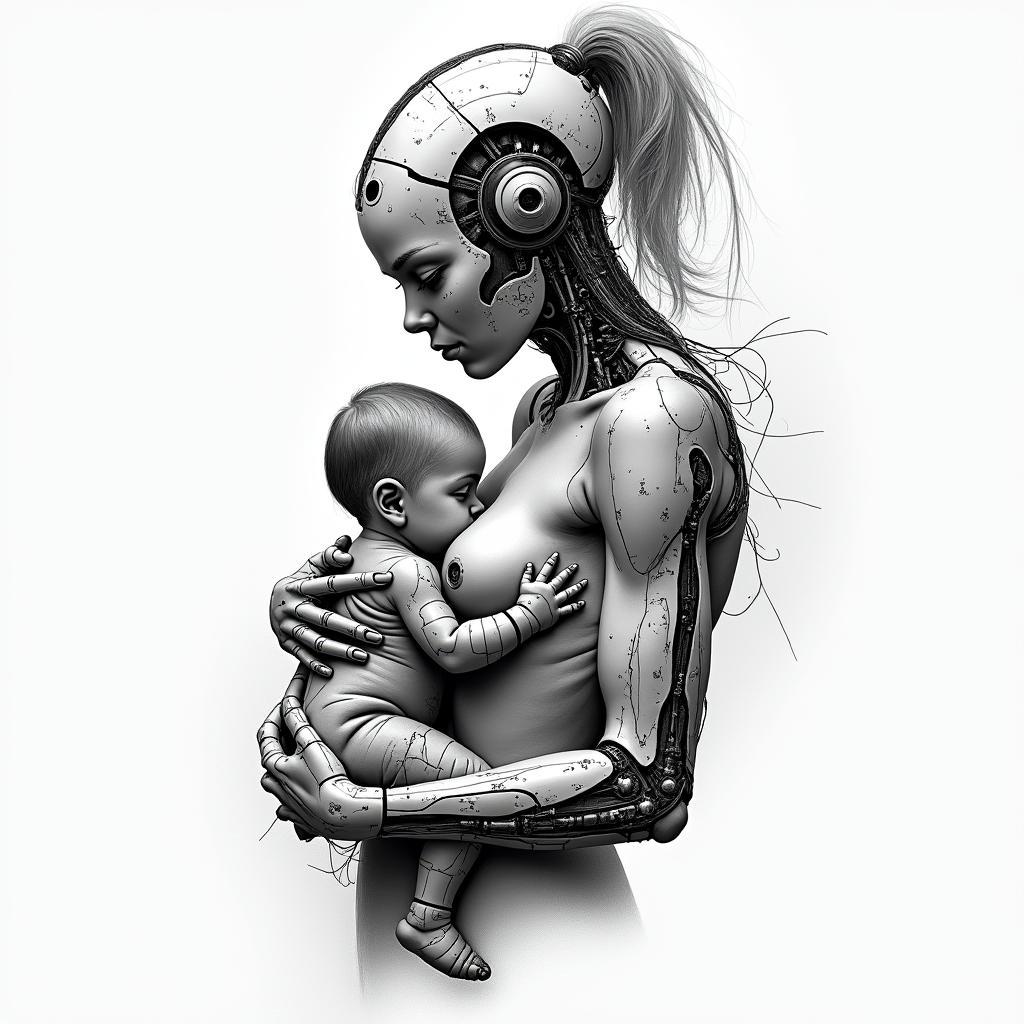Mother with a little girl and a babytattoo in biomechanic style, the tattoo covered by robotic elements of futuristic cyberpunk design, robotic features detail, showcasing intricate mechanical components - Variation 2