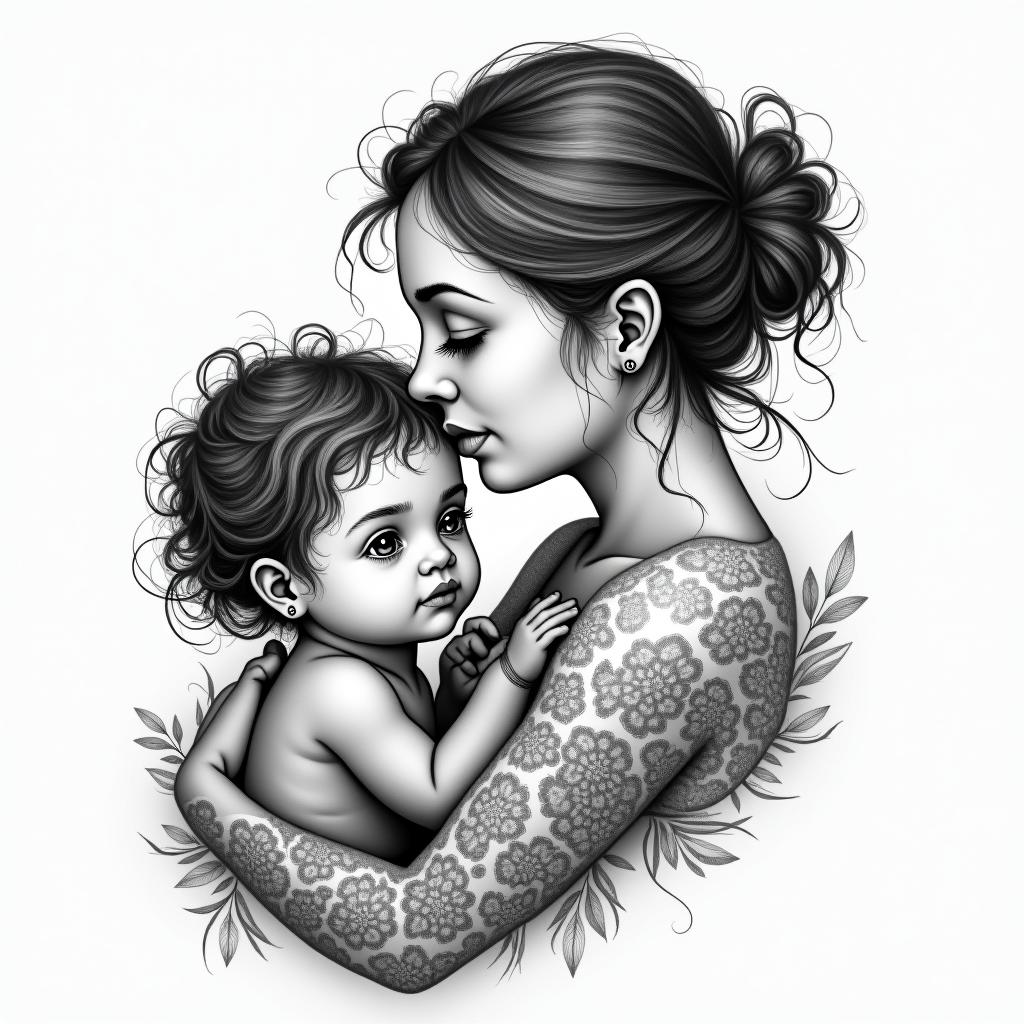 Mother with a little girl and a babyin bohemian style tattoo, 8k - Variation 8