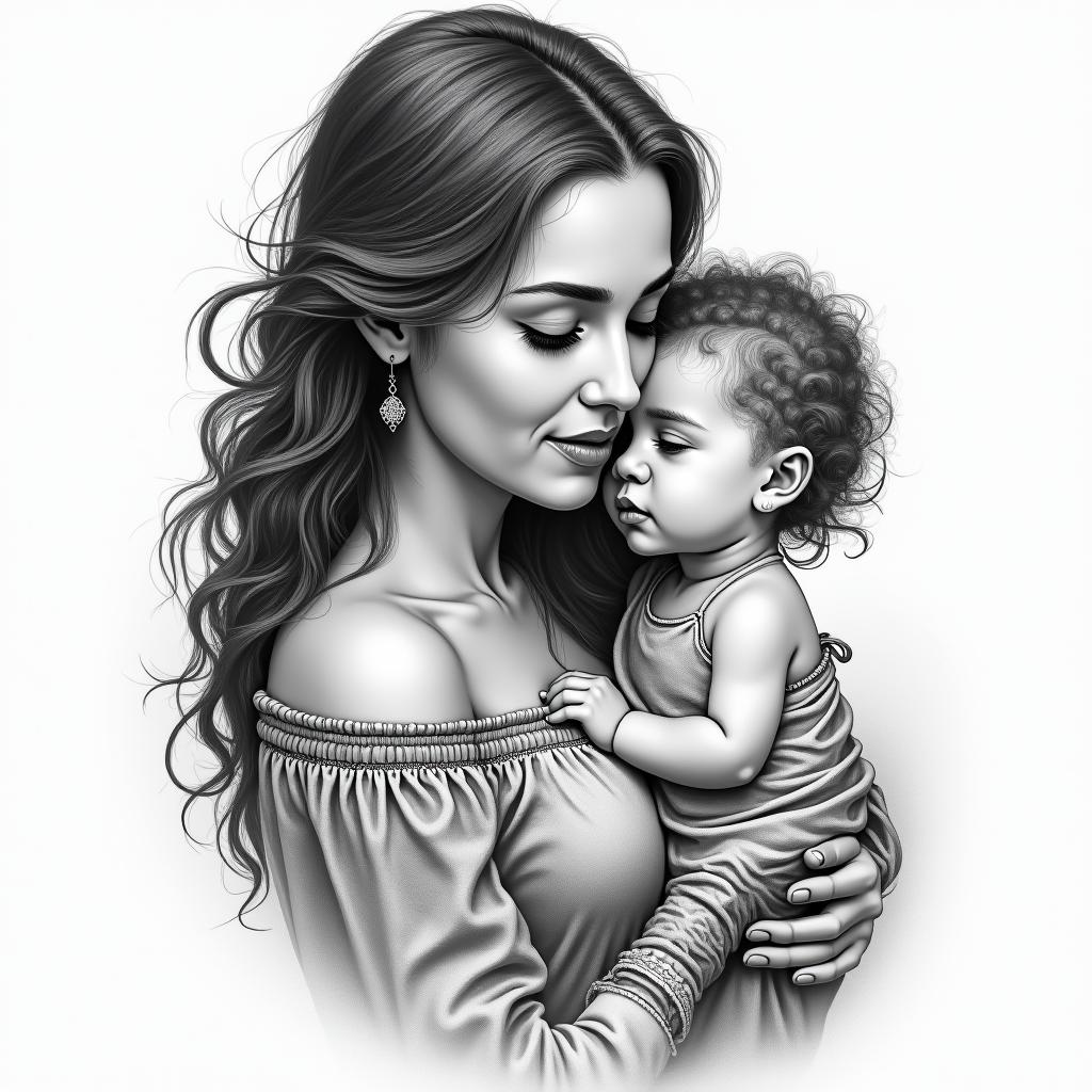 Mother with a little girl and a babyin bohemian style tattoo, 8k - Variation 6