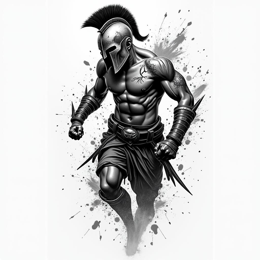 Sleeve of a spartan fightingin graffiti style tattoo, featuring bold and dynamic street art elements, spray-paint texture with exaggerated lines and expressive, chaotic brushstrokes, intricate lettering incorporated with graffiti tags, symbols like hearts, stars, and wings