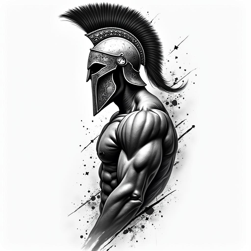 Sleeve of a spartan fightingin graffiti style tattoo, featuring bold and dynamic street art elements, spray-paint texture with exaggerated lines and expressive, chaotic brushstrokes, intricate lettering incorporated with graffiti tags, symbols like hearts, stars, and wings - Variation 4