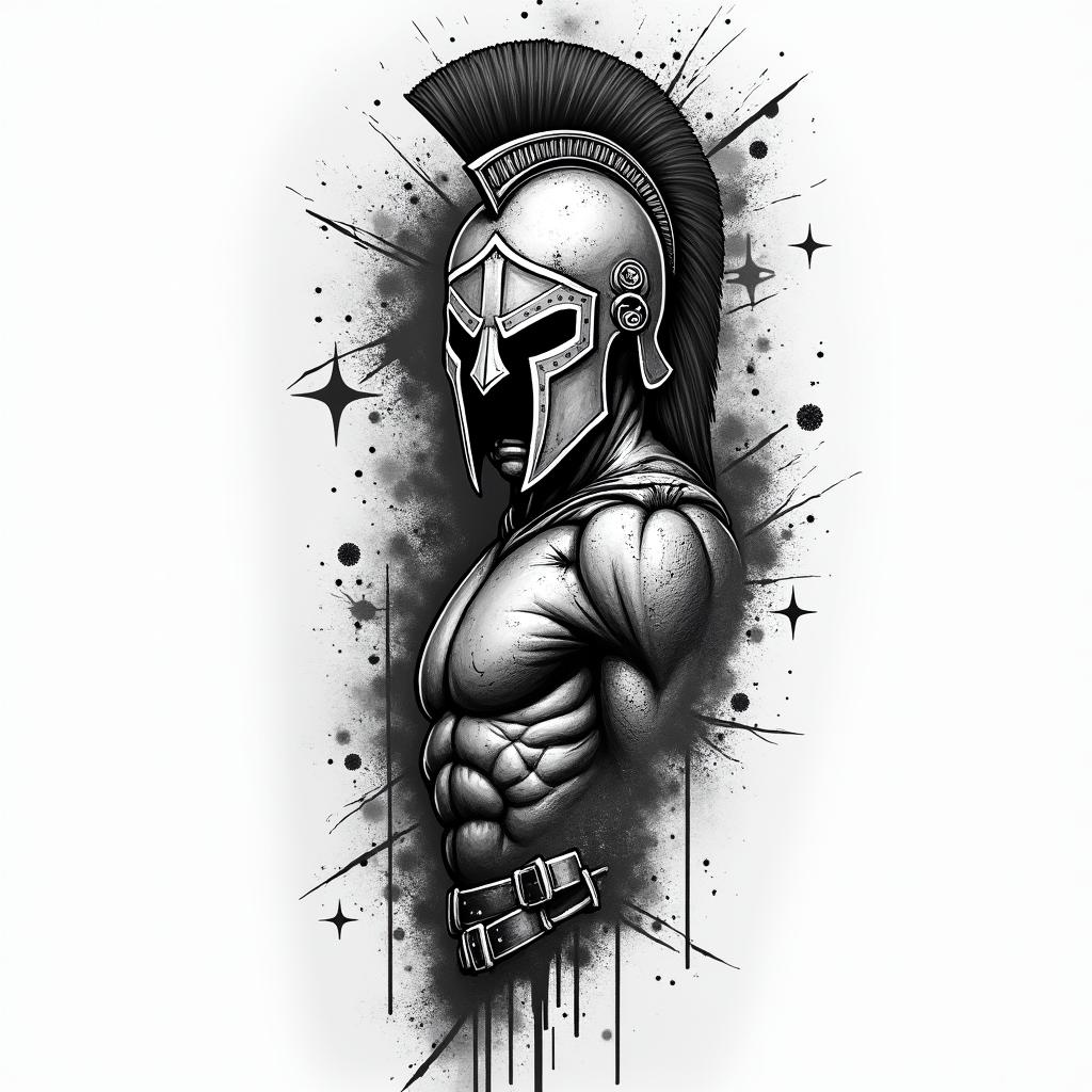 Sleeve of a spartan fightingin graffiti style tattoo, featuring bold and dynamic street art elements, spray-paint texture with exaggerated lines and expressive, chaotic brushstrokes, intricate lettering incorporated with graffiti tags, symbols like hearts, stars, and wings - Variation 2