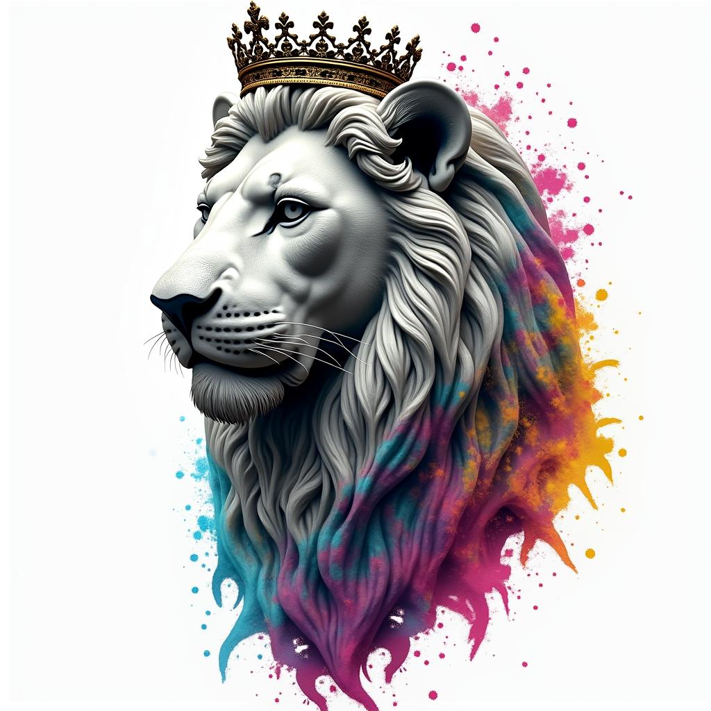 Beautiful lioness with royal crownin distorted and fragmented tattoo design, featuring a classical statue bust, in a glitch art style with vibrant, overlapping colors of cyan, magenta, and yellow, creating a digital distortion effect